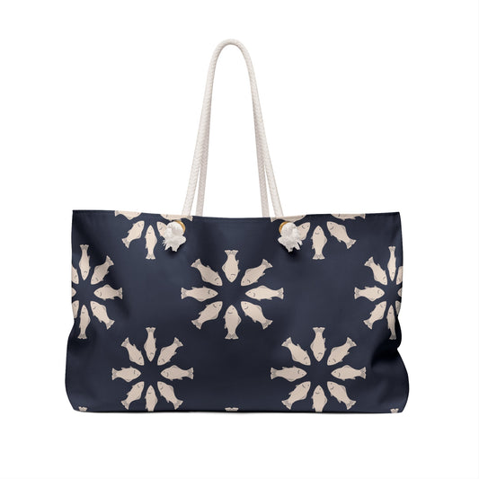 Circle of Tides Navy Weekender Bag with hand - drawn artwork - Flourish Moon Studio