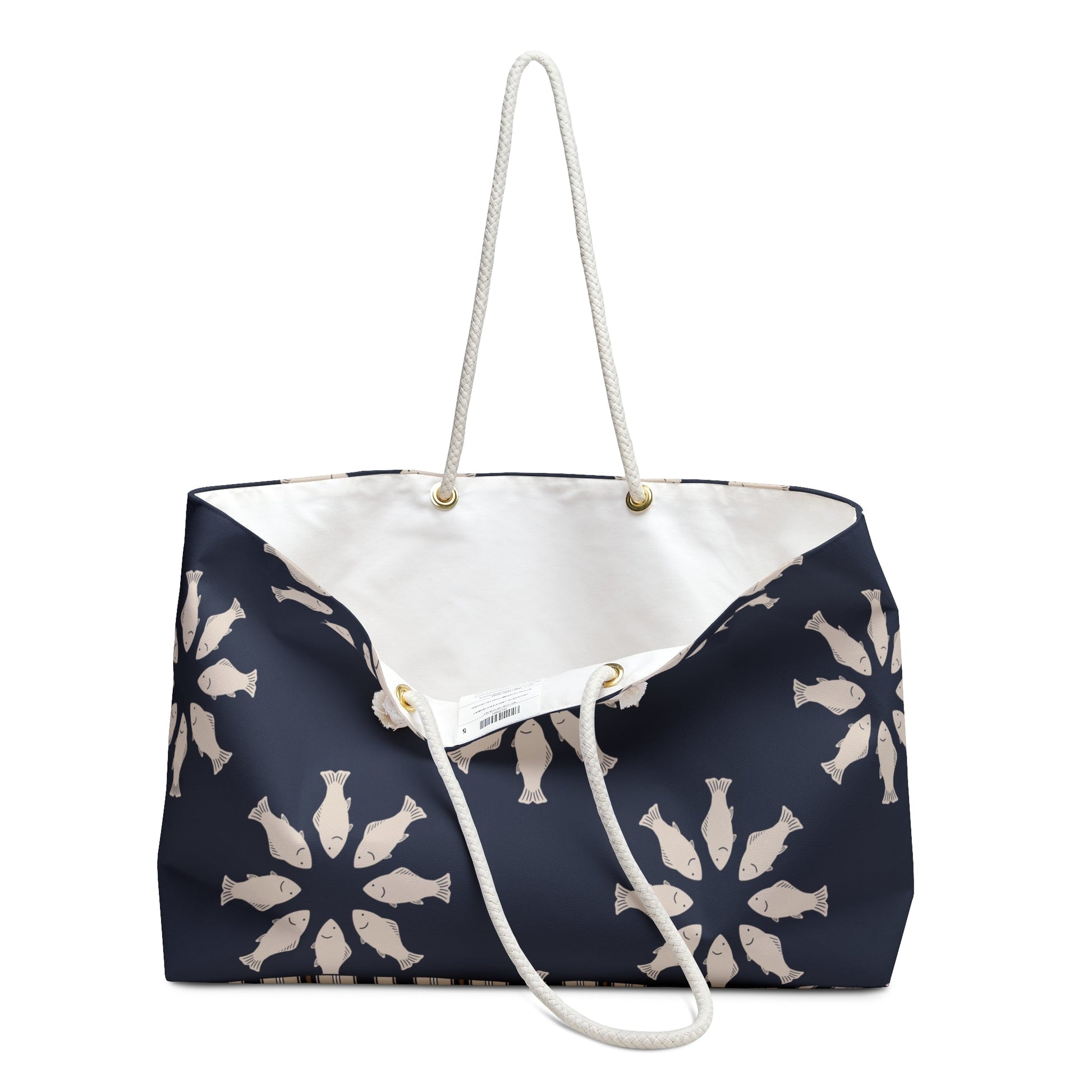 Circle of Tides Navy Weekender Bag with hand - drawn artwork - Flourish Moon Studio