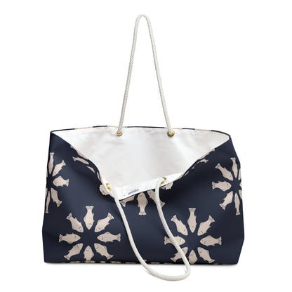 Circle of Tides Navy Weekender Bag with hand - drawn artwork - Flourish Moon Studio