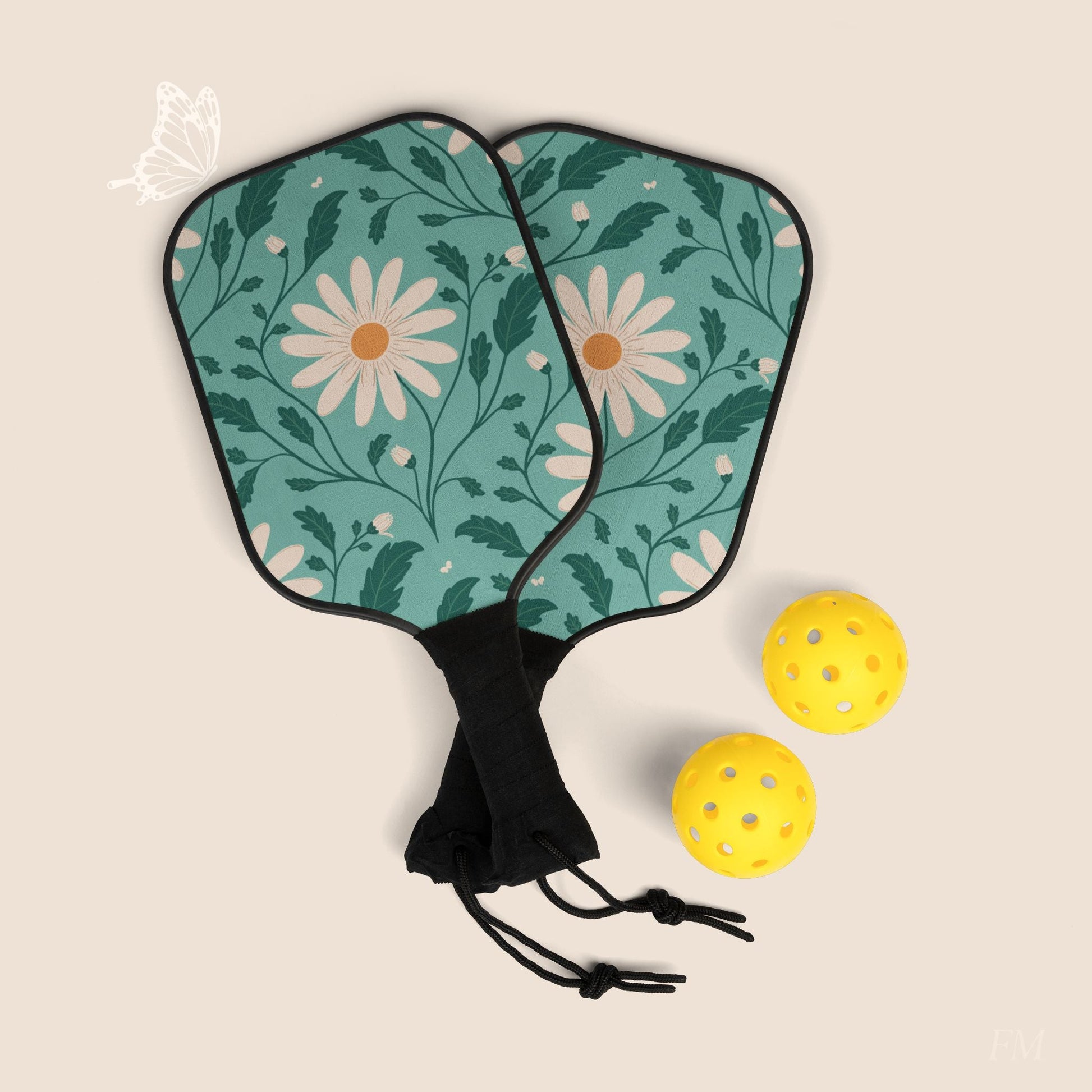 Daisy Daydream Floral Pickleball Paddles Set with hand drawn artwork - Flourish Moon Studio
