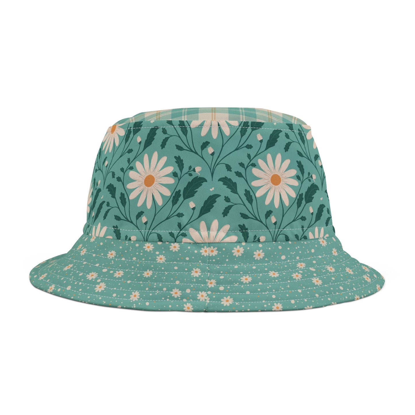 Daisy Daydream Floral & Plaid bucket hat with hand - drawn artwork - Flourish Moon Studio