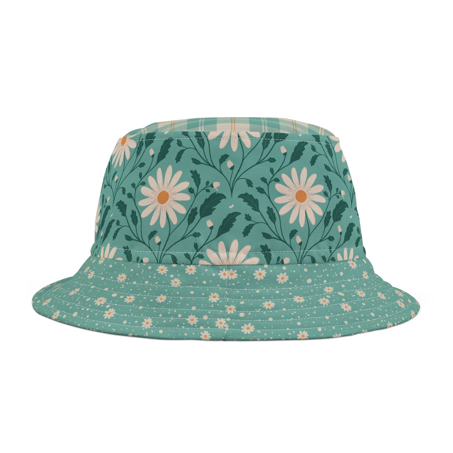 Daisy Daydream Floral & Plaid bucket hat with hand - drawn artwork - Flourish Moon Studio