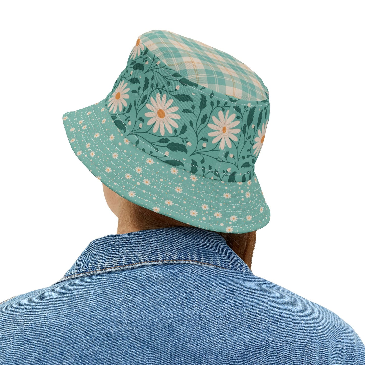 Daisy Daydream Floral & Plaid bucket hat with hand - drawn artwork - Flourish Moon Studio