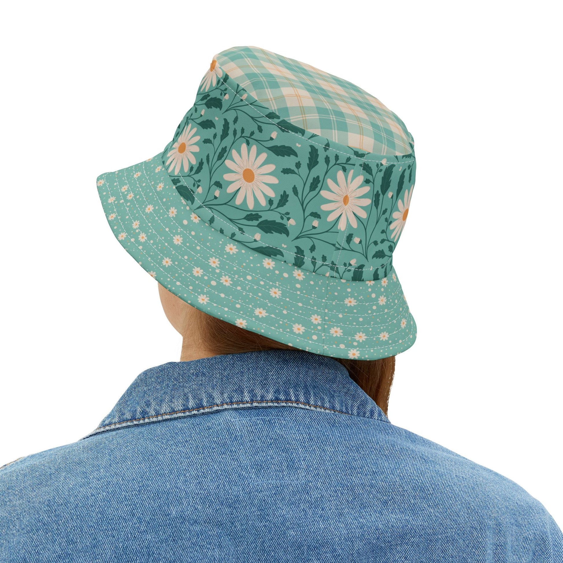 Daisy Daydream Floral & Plaid bucket hat with hand - drawn artwork - Flourish Moon Studio