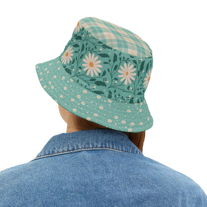 Daisy Daydream Floral & Plaid bucket hat with hand - drawn artwork - Flourish Moon Studio