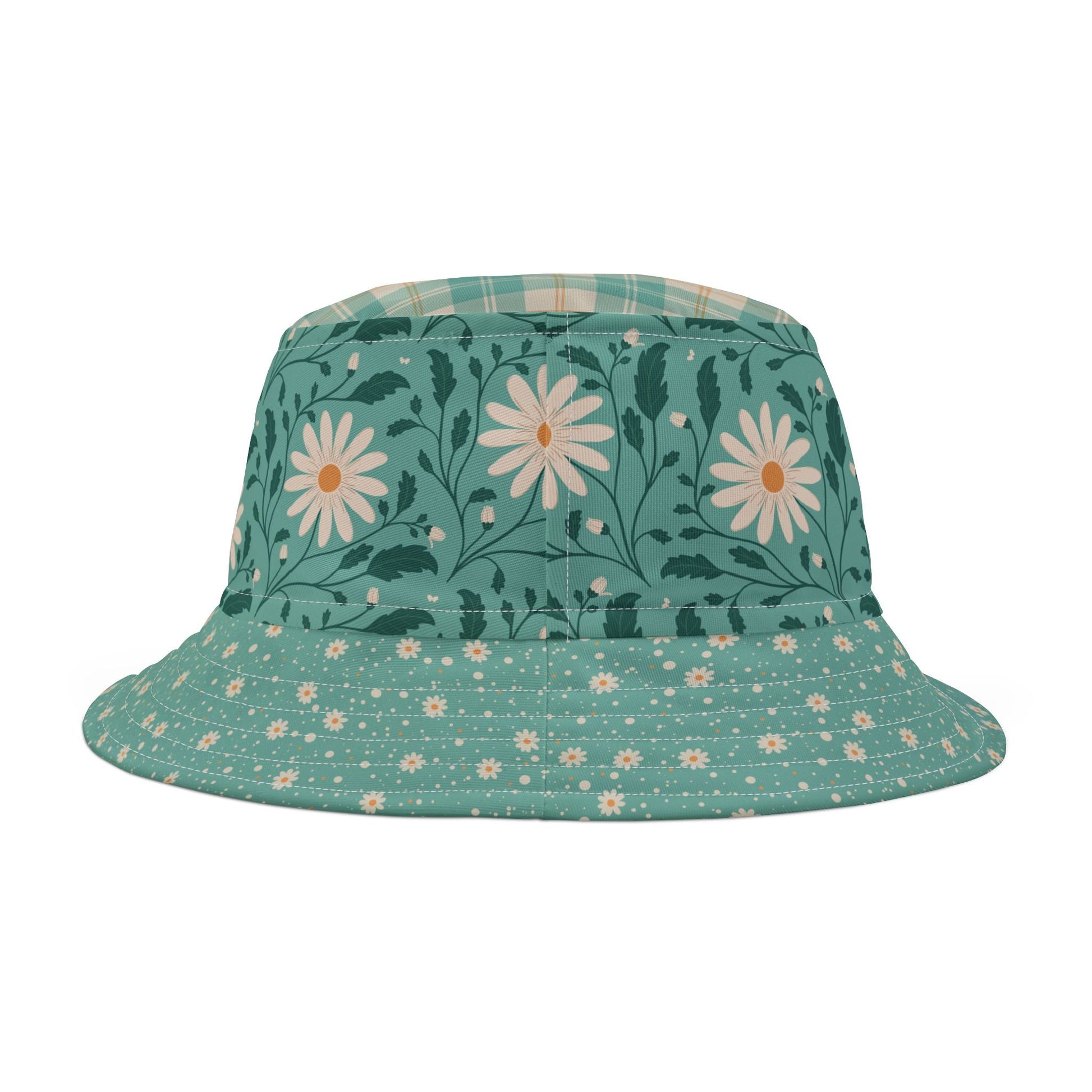 Daisy Daydream Floral & Plaid bucket hat with hand - drawn artwork - Flourish Moon Studio