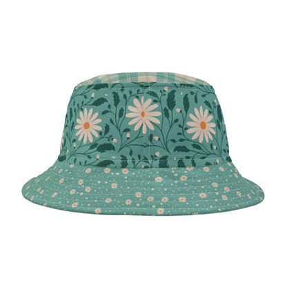 Daisy Daydream Floral & Plaid bucket hat with hand - drawn artwork - Flourish Moon Studio