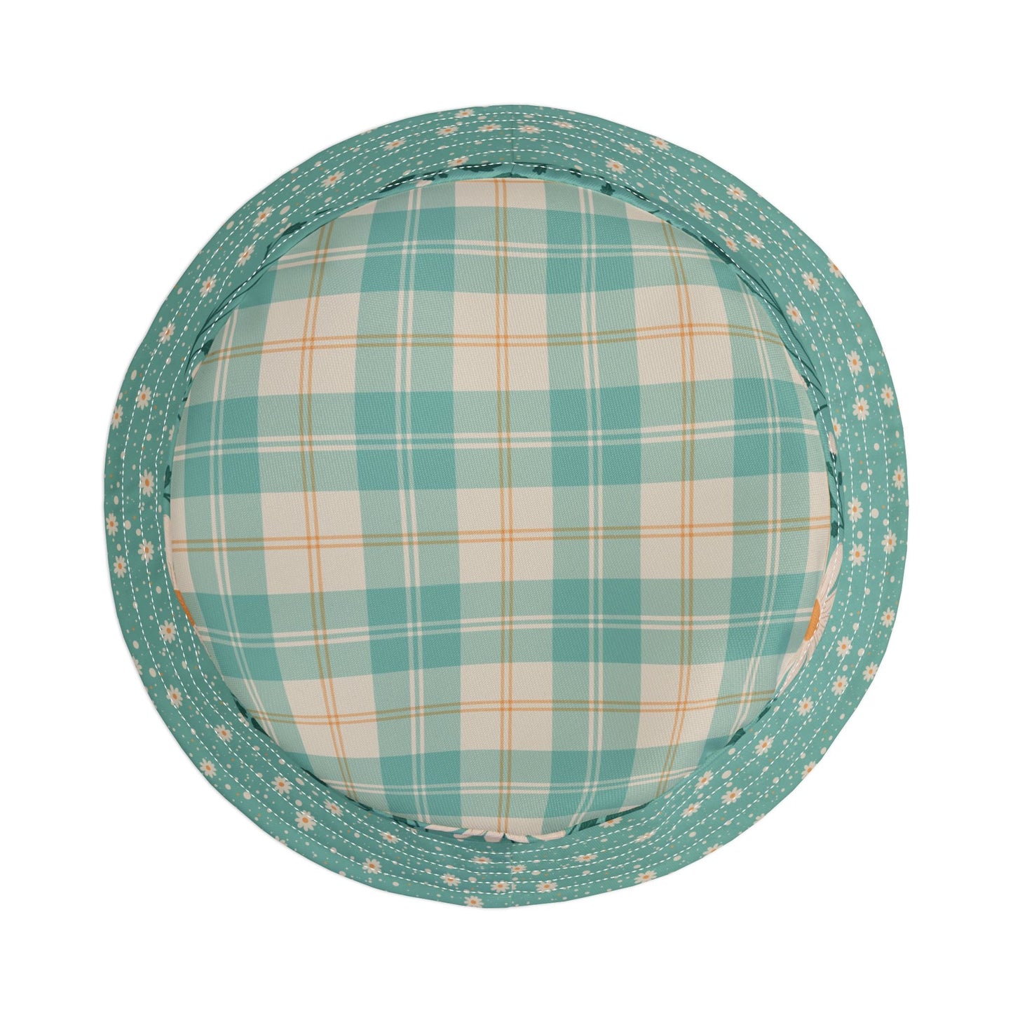 Daisy Daydream Floral & Plaid bucket hat with hand - drawn artwork - Flourish Moon Studio