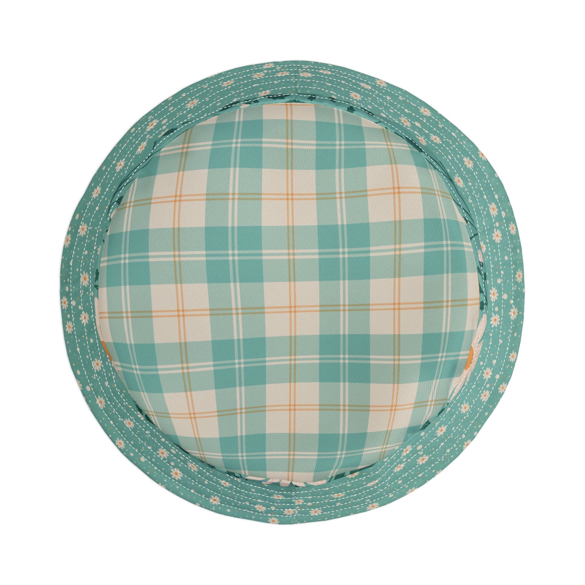 Daisy Daydream Floral & Plaid bucket hat with hand - drawn artwork - Flourish Moon Studio