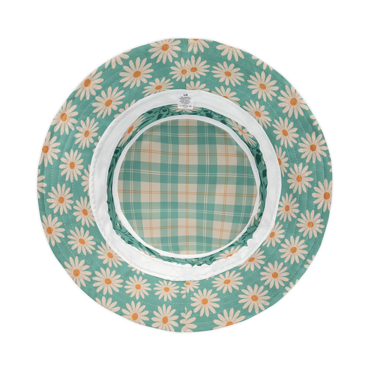 Daisy Daydream Floral & Plaid bucket hat with hand - drawn artwork - Flourish Moon Studio