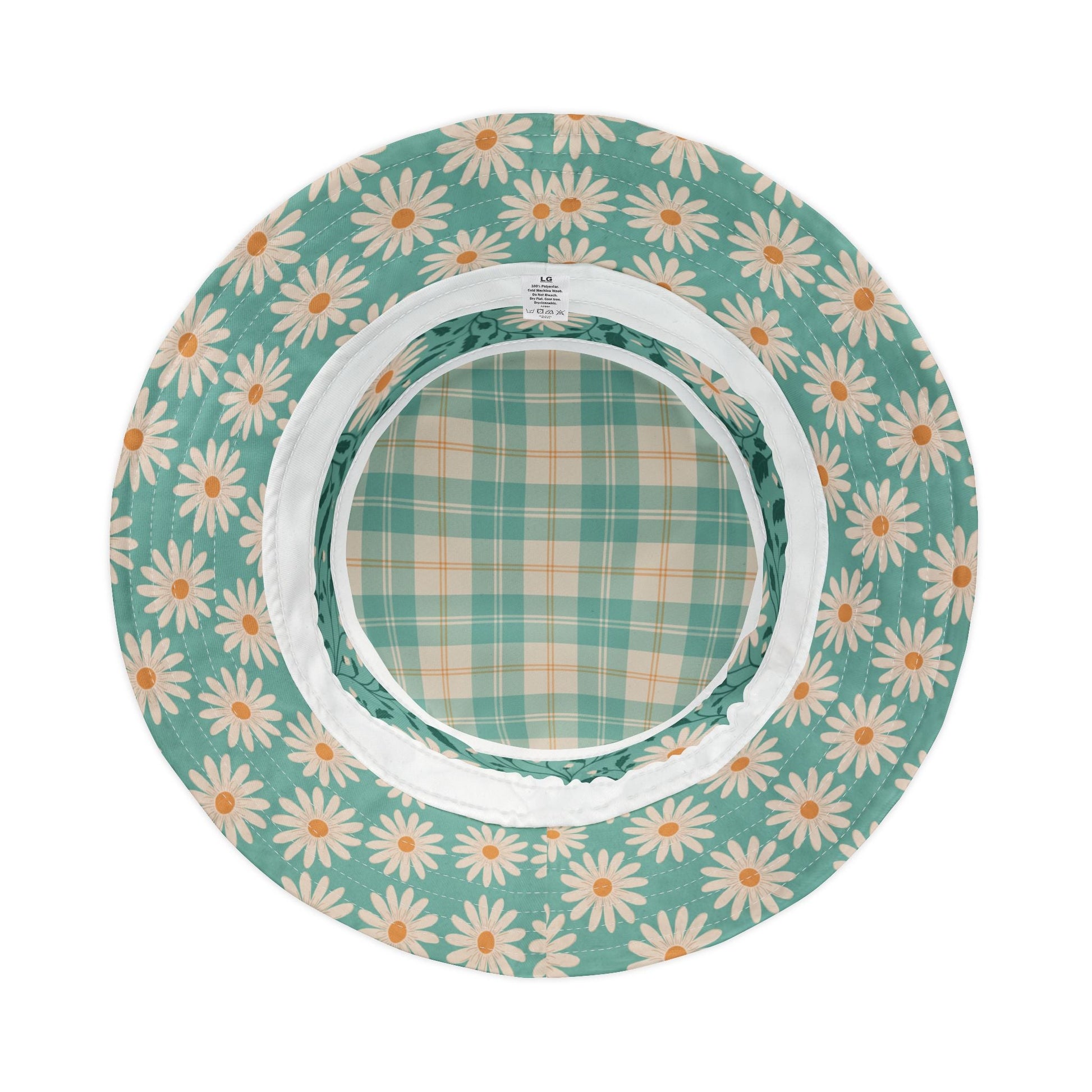 Daisy Daydream Floral & Plaid bucket hat with hand - drawn artwork - Flourish Moon Studio
