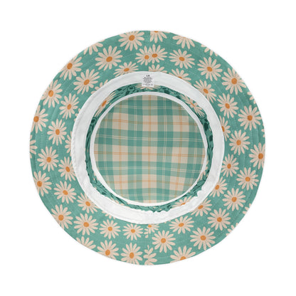 Daisy Daydream Floral & Plaid bucket hat with hand - drawn artwork - Flourish Moon Studio