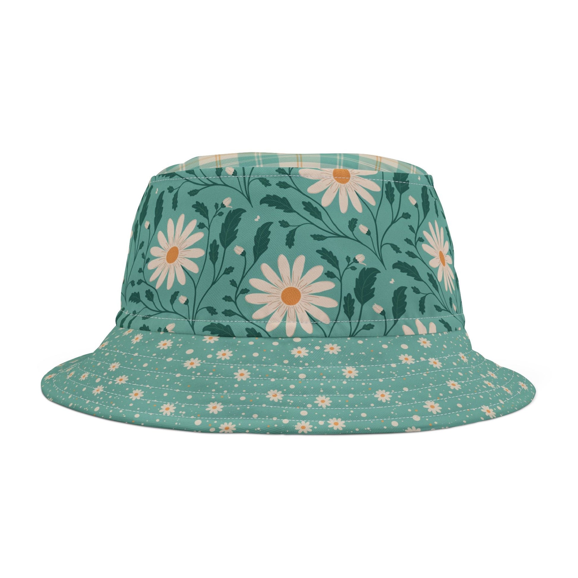 Daisy Daydream Floral & Plaid bucket hat with hand - drawn artwork - Flourish Moon Studio