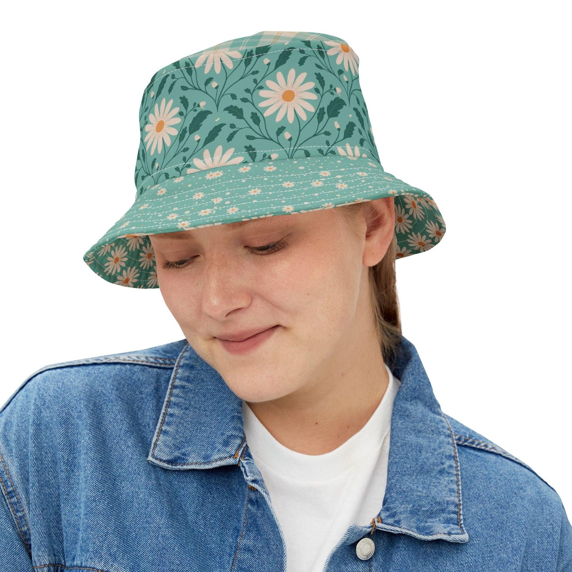 Daisy Daydream Floral & Plaid bucket hat with hand - drawn artwork - Flourish Moon Studio