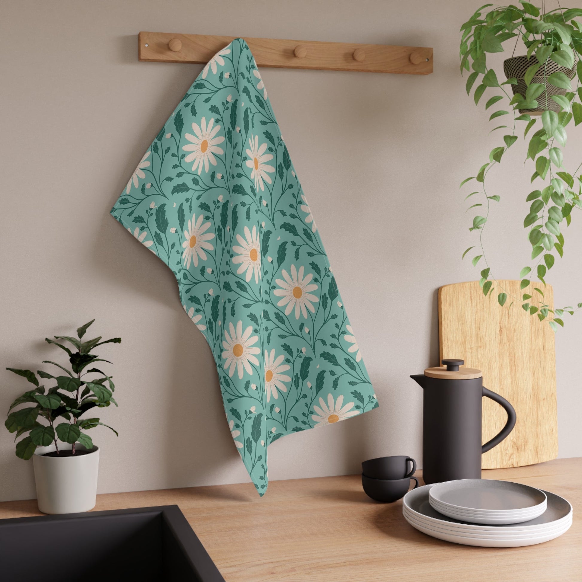 Daisy Daydream Floral Tea Towel with hand - drawn artwork - Flourish Moon Studio