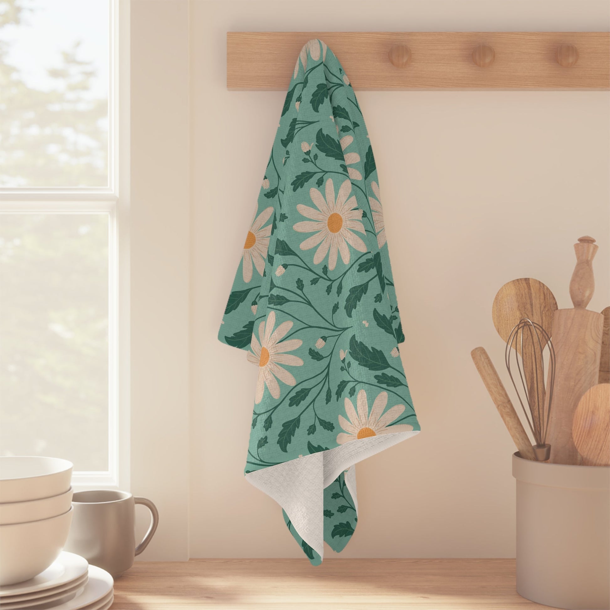 Daisy Daydream Microfiber Waffle Kitchen Towel with hand - drawn artwork - Flourish Moon Studio
