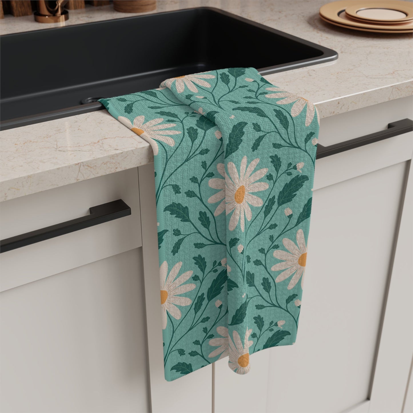 Daisy Daydream Microfiber Waffle Kitchen Towel with hand - drawn artwork - Flourish Moon Studio