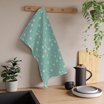 Daisy Dot Blue Tea Towel with hand - drawn artwork - Flourish Moon Studio