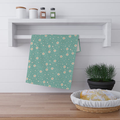 Daisy Dot Blue Tea Towel with hand - drawn artwork - Flourish Moon Studio
