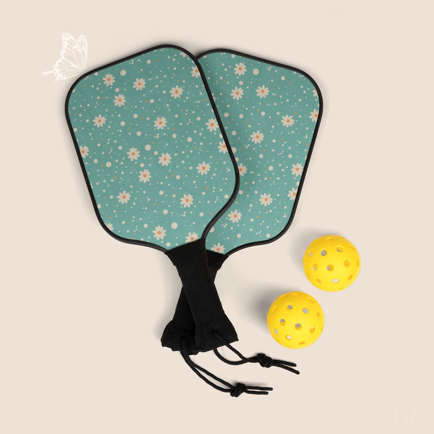 Daisy Dot Floral Pickleball Paddles Set with hand drawn artwork - Flourish Moon Studio
