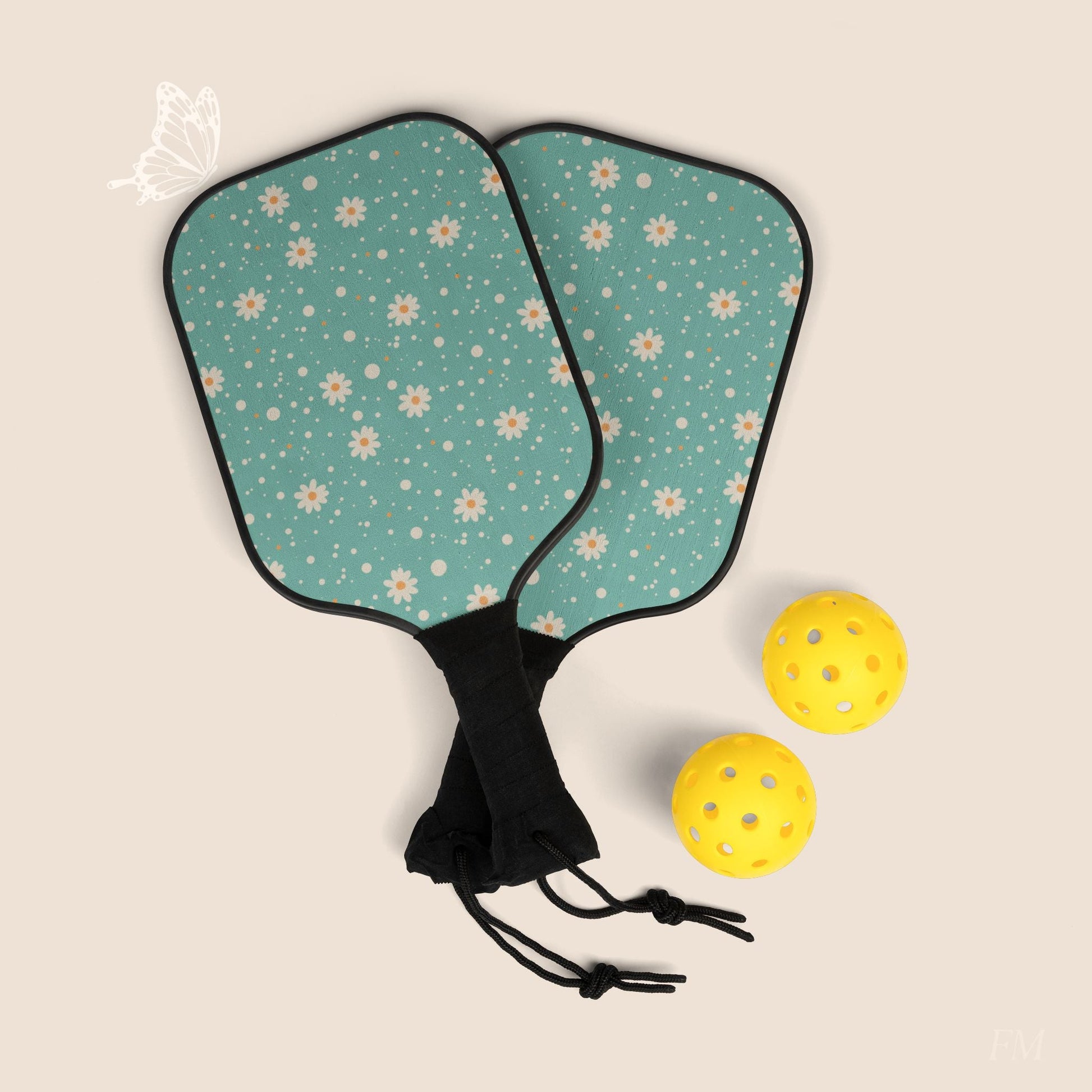 Daisy Dot Floral Pickleball Paddles Set with hand drawn artwork - Flourish Moon Studio