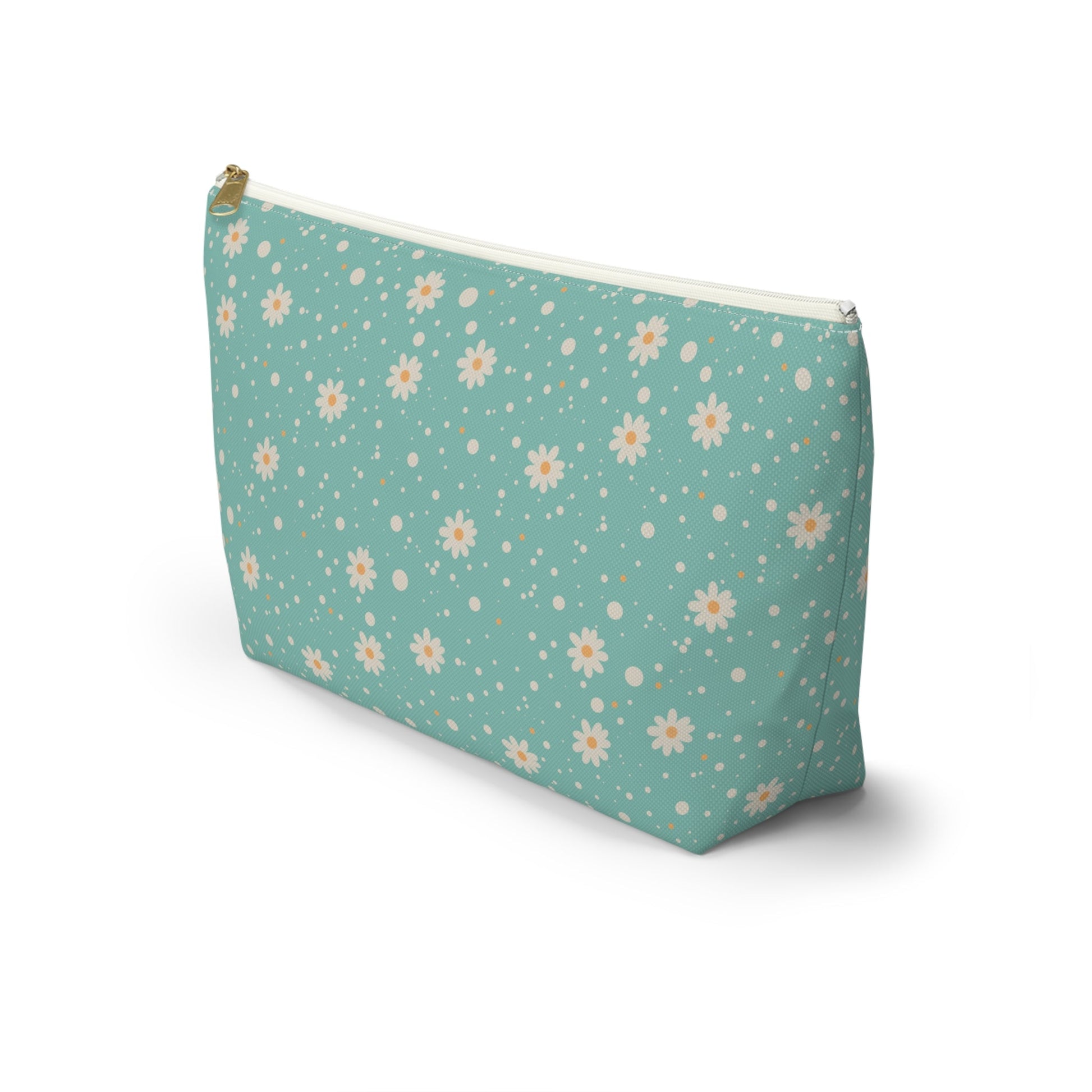 Daisy Dot Floral T - bottom Zipper Pouch with hand - drawn artwork - Flourish Moon Studio