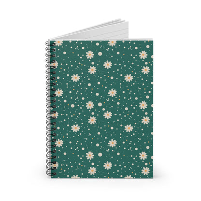 Daisy Dot Teal Floral Spiral Notebook with hand - drawn artwork - Flourish Moon Studio