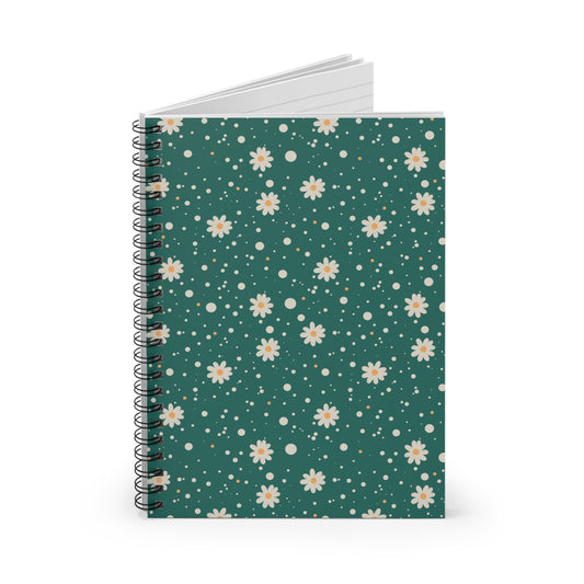 Daisy Dot Teal Floral Spiral Notebook with hand - drawn artwork - Flourish Moon Studio