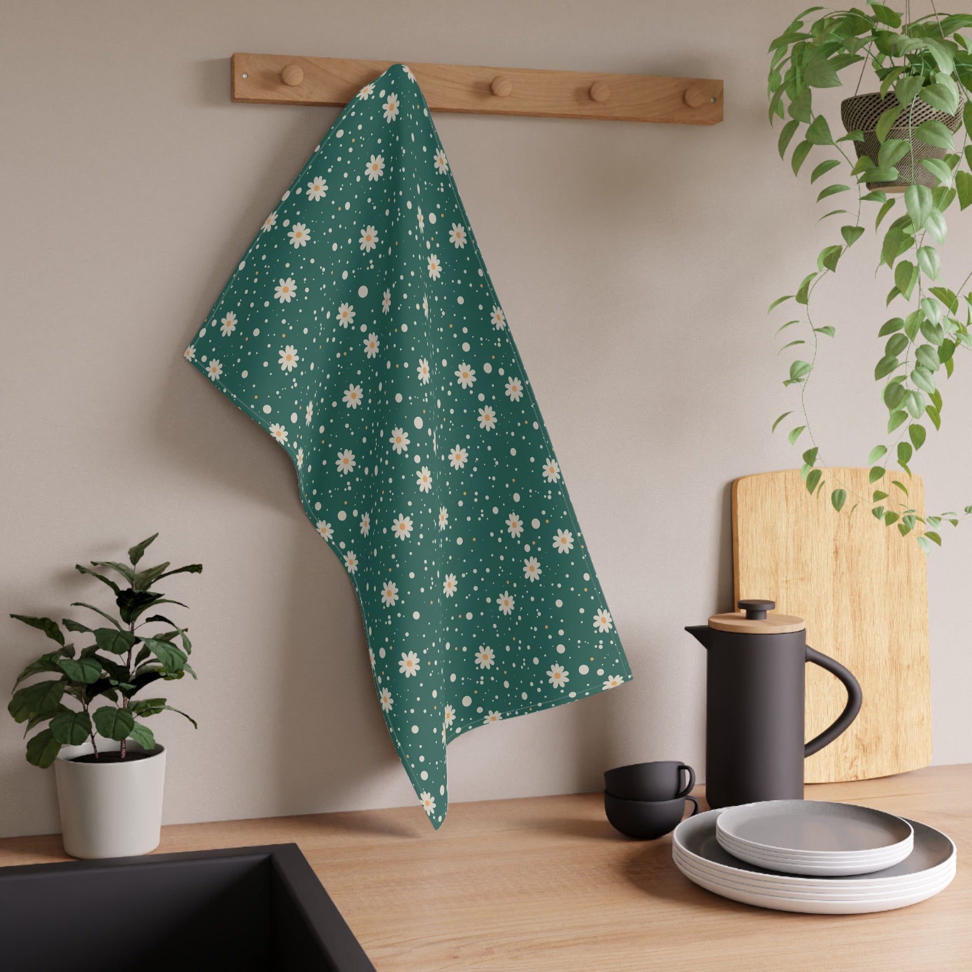 Daisy Dot Teal Tea Towel with hand - drawn artwork - Flourish Moon Studio