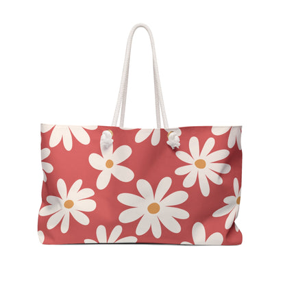 Daisy Drift Coral Floral Weekender Bag with hand drawn artwork - Flourish Moon Studio