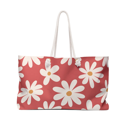 Daisy Drift Coral Floral Weekender Bag with hand drawn artwork - Flourish Moon Studio