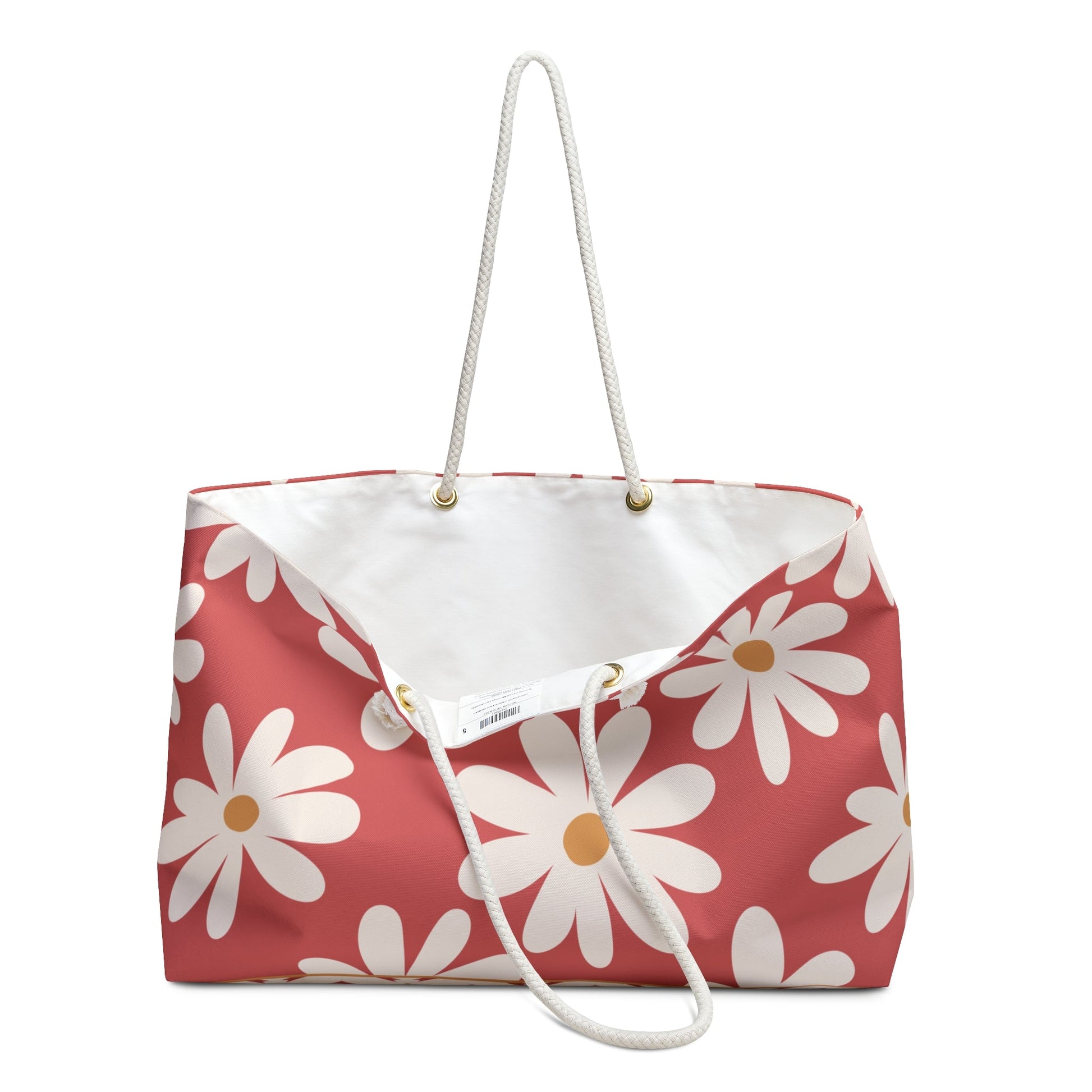 Daisy Drift Coral Floral Weekender Bag with hand drawn artwork - Flourish Moon Studio