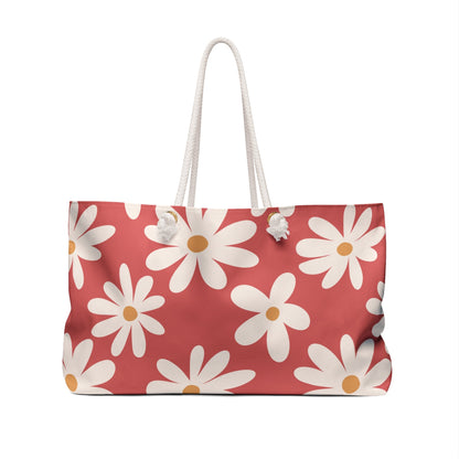 Daisy Drift Coral Floral Weekender Bag with hand drawn artwork - Flourish Moon Studio