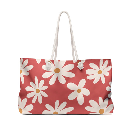 Daisy Drift Coral Floral Weekender Bag with hand drawn artwork - Flourish Moon Studio