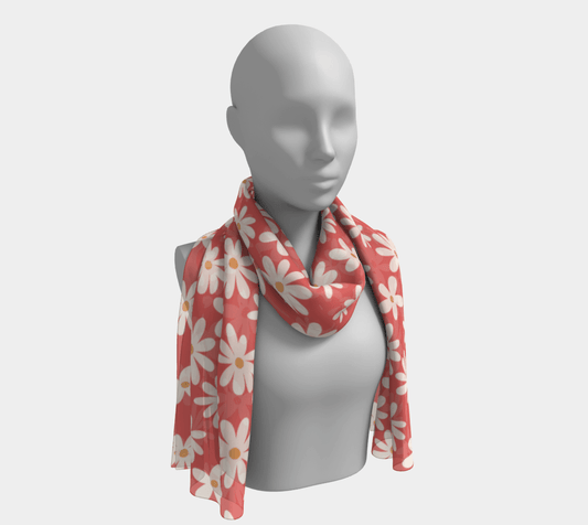 Daisy Drift Coral Long Scarf with hand - drawn artwork - Flourish Moon Studio