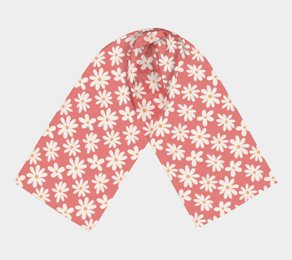 Daisy Drift Coral Long Scarf with hand - drawn artwork - Flourish Moon Studio