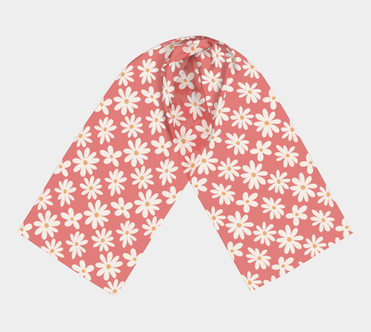 Daisy Drift Coral Long Scarf with hand - drawn artwork - Flourish Moon Studio