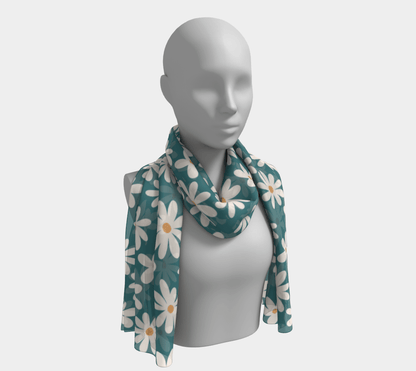 Daisy Drift Teal Long Scarf with hand - drawn artwork - Flourish Moon Studio