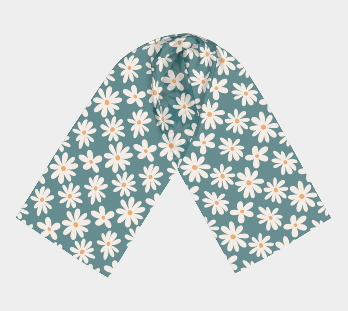 Daisy Drift Teal Long Scarf with hand - drawn artwork - Flourish Moon Studio