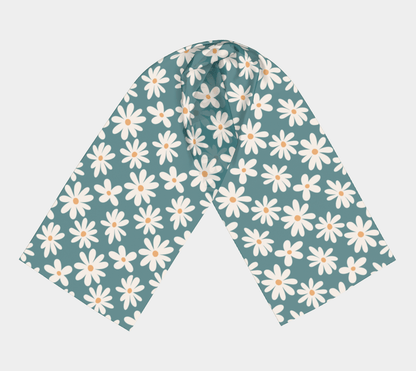 Daisy Drift Teal Long Scarf with hand - drawn artwork - Flourish Moon Studio
