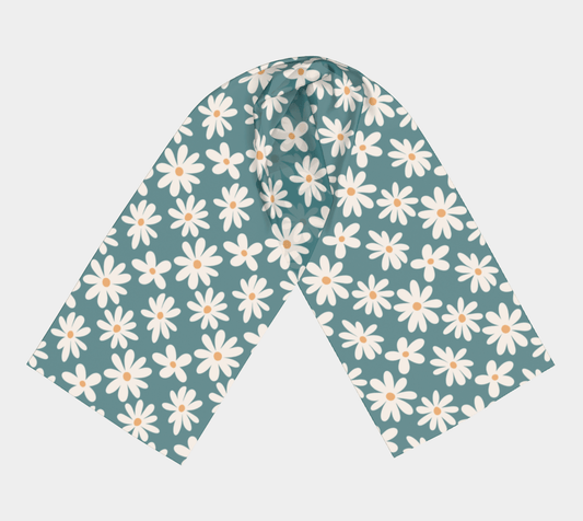 Daisy Drift Teal Long Scarf with hand - drawn artwork - Flourish Moon Studio