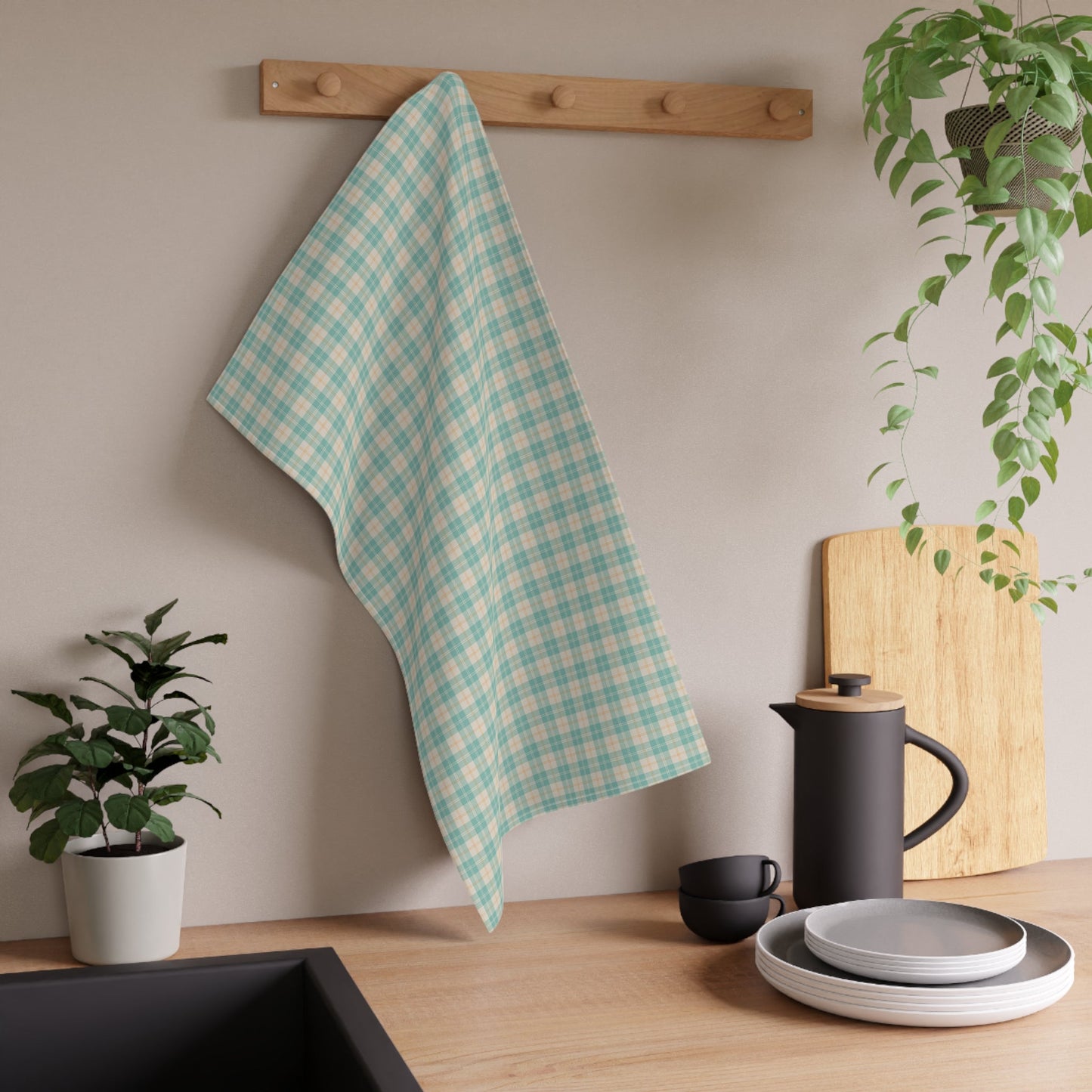 Daisy Tartan Matching Tea Towel with hand - drawn artwork - Flourish Moon Studio
