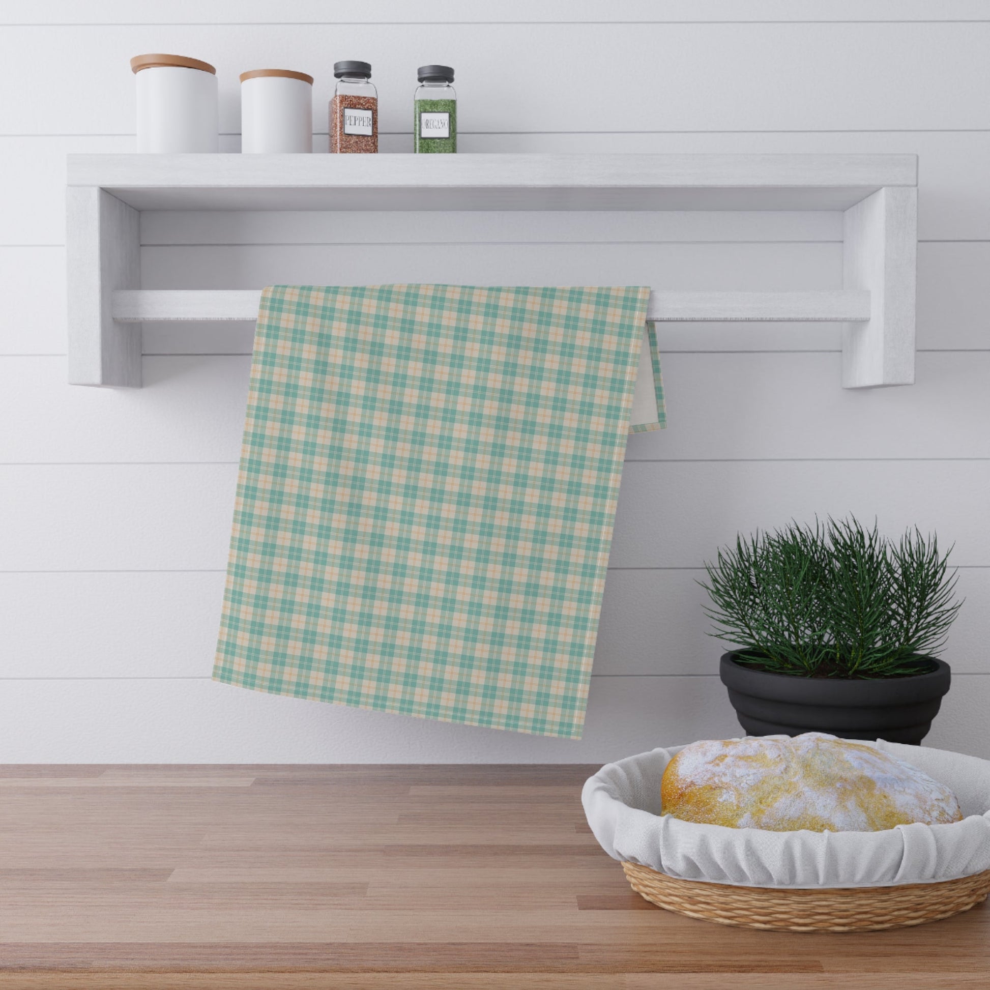 Daisy Tartan Matching Tea Towel with hand - drawn artwork - Flourish Moon Studio