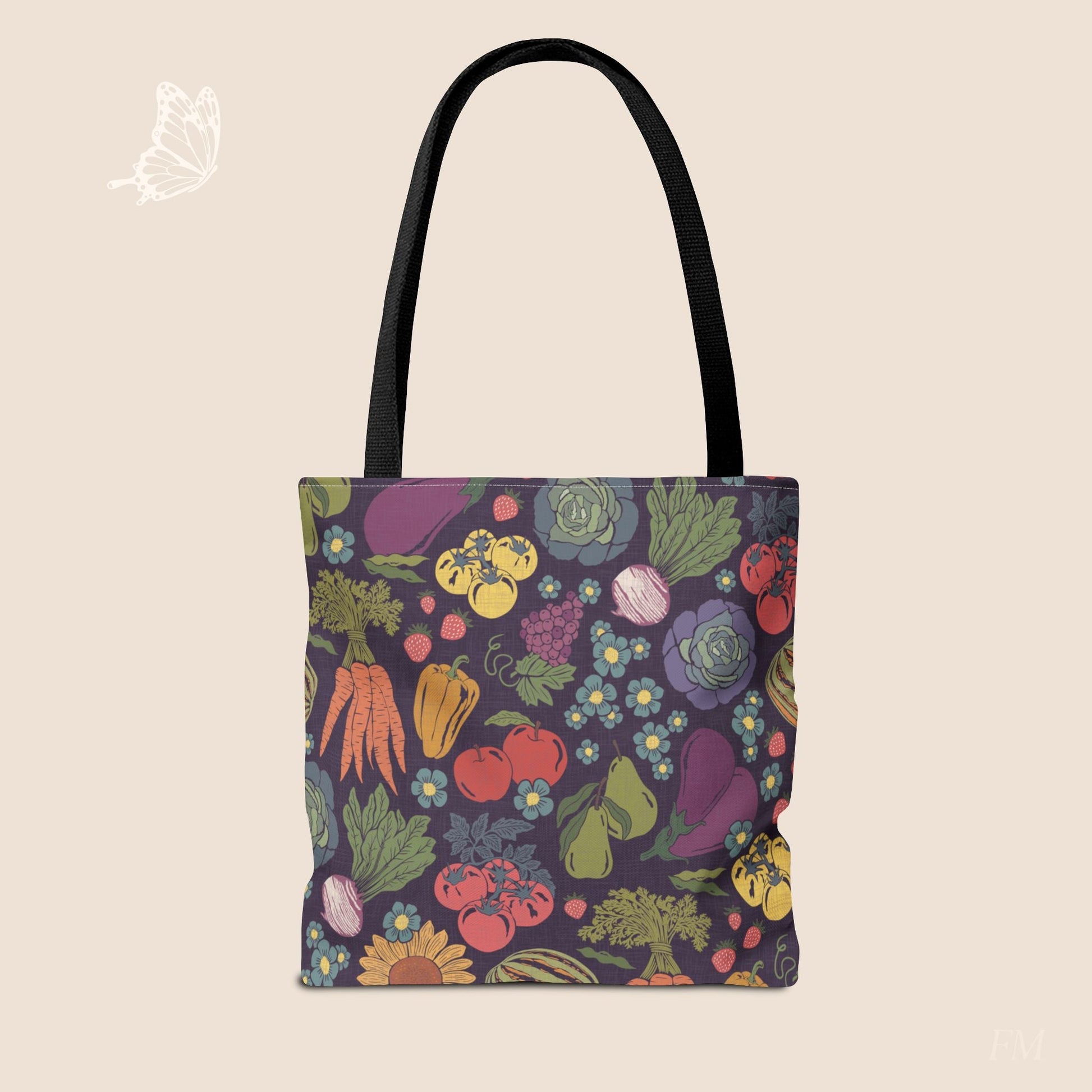 Farmers Market Bloom & Harvest Midnight Blue Day Tote with hand drawn artwork - Flourish Moon Studio