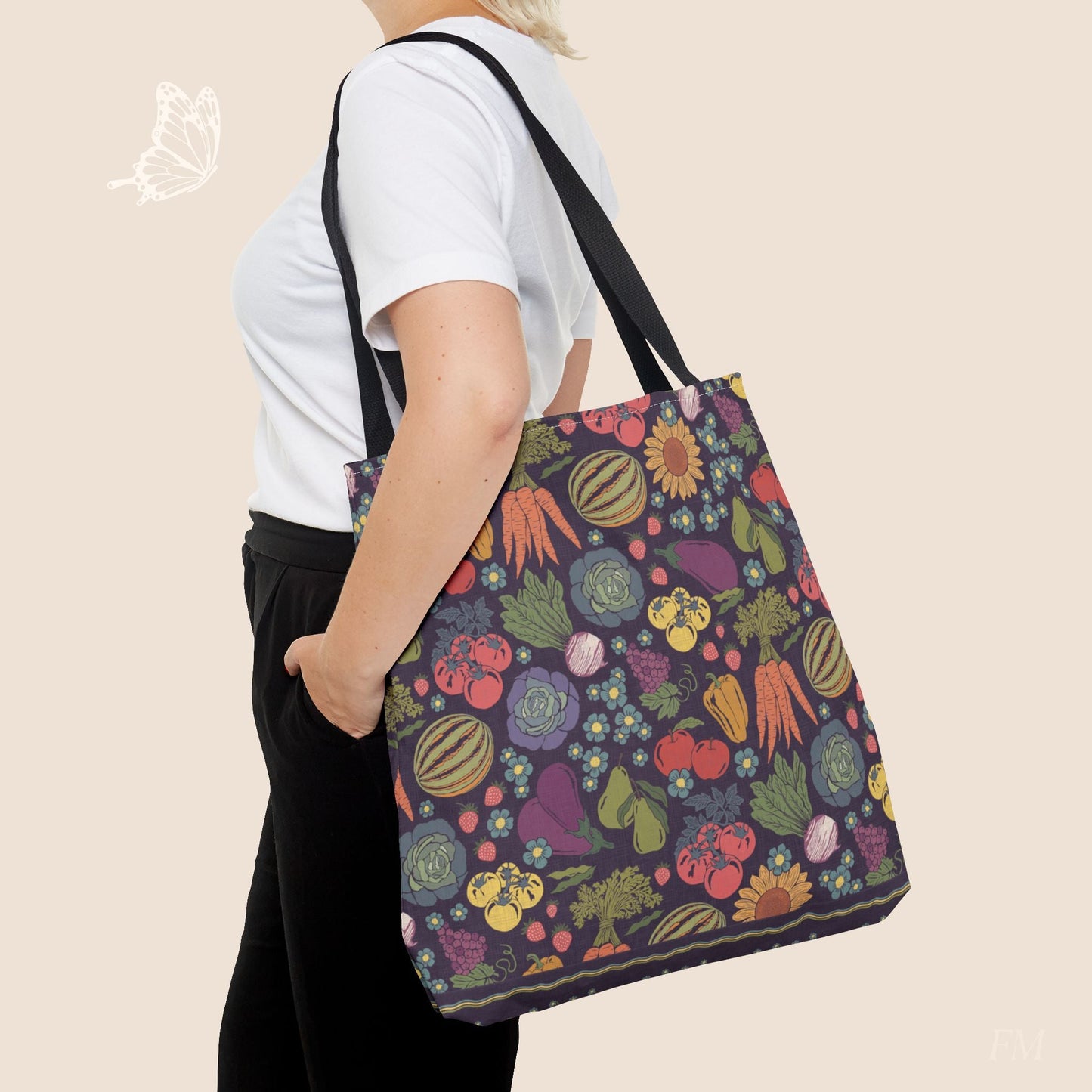 Farmers Market Bloom & Harvest Midnight Blue Day Tote with hand drawn artwork - Flourish Moon Studio