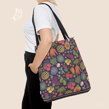 Farmers Market Bloom & Harvest Midnight Blue Day Tote with hand drawn artwork - Flourish Moon Studio