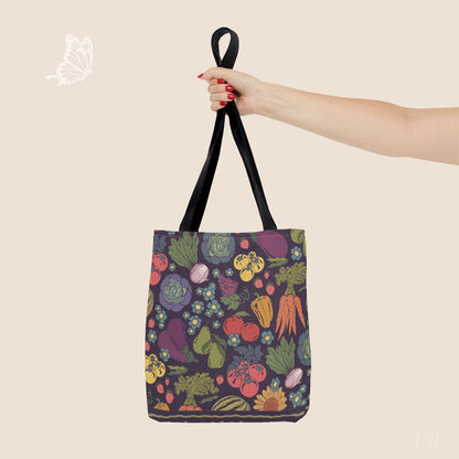 Farmers Market Bloom & Harvest Midnight Blue Day Tote with hand drawn artwork - Flourish Moon Studio