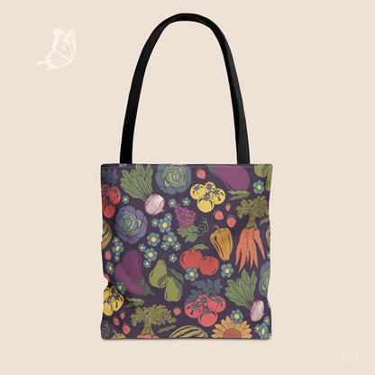 Farmers Market Bloom & Harvest Midnight Blue Day Tote with hand drawn artwork - Flourish Moon Studio