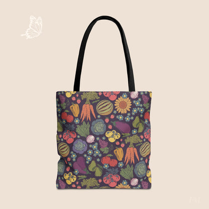 Farmers Market Bloom & Harvest Midnight Blue Day Tote with hand drawn artwork - Flourish Moon Studio