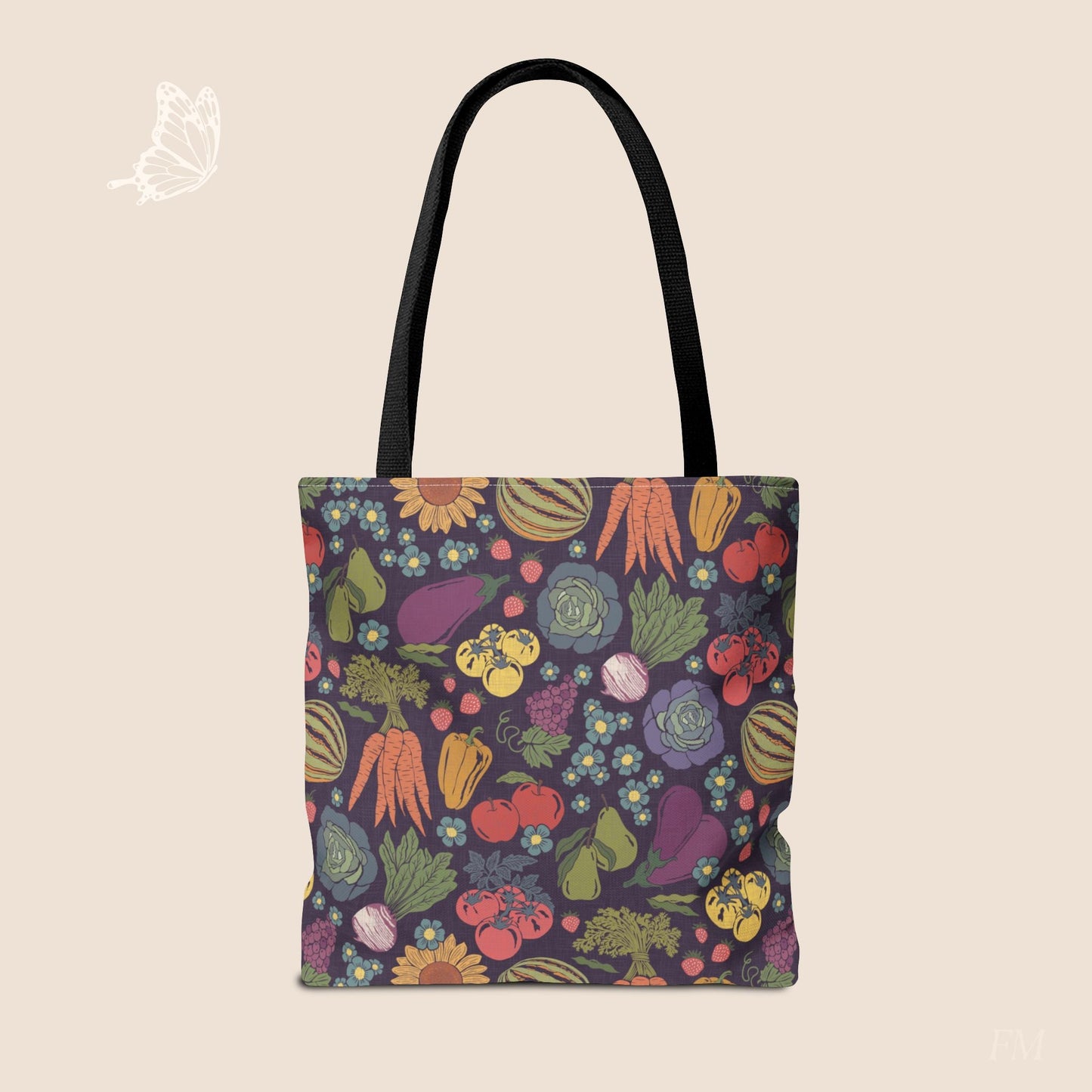 Farmers Market Bloom & Harvest Midnight Blue Day Tote with hand drawn artwork - Flourish Moon Studio